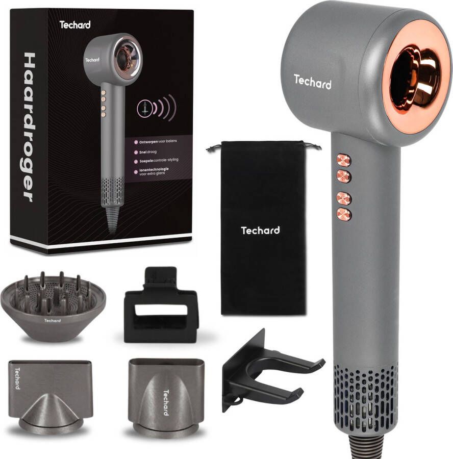 Techard Ionische Haardroger Fohn met Diffuser voor Krullen Ultra Stil en Superkrachtig met Extra Grote Diffuser 110.000RPM Inclusief Opbergtas