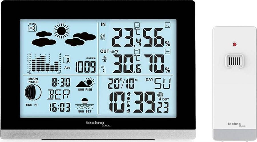 Technoline Weerstation Voorspelling geschiedenis weer Radio gestuurd Dag Datum Wekker Thermometer Hygrometer Maanstand Achtergrond verlichting Techno Line WS 6762