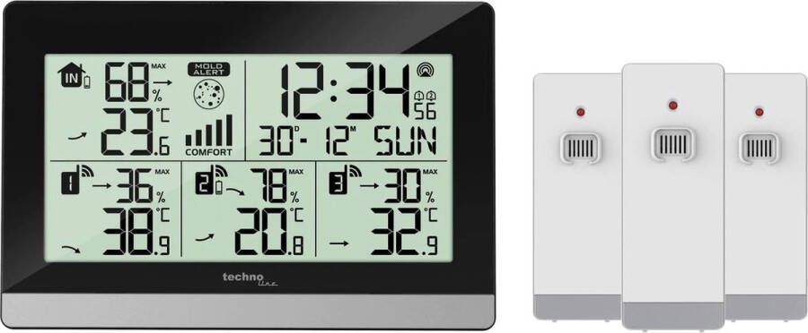 Technoline weerstation WS 7065 144x96x38mm zwart zilver met 3 buitensensors 30m TL-WS7065