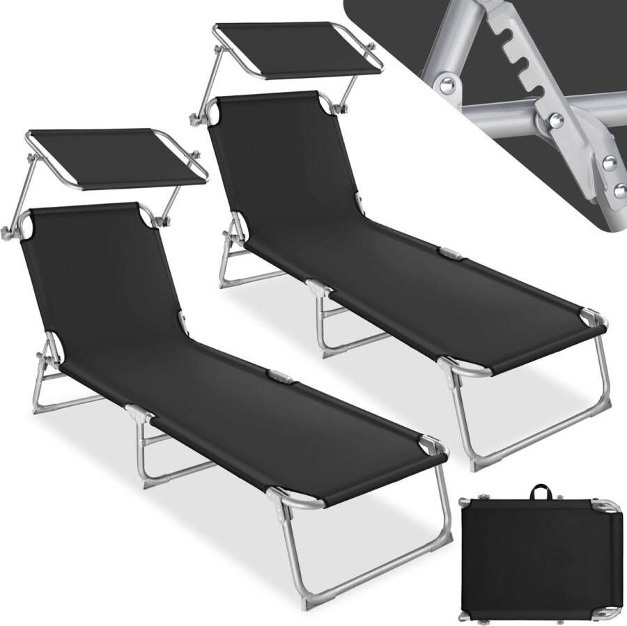 Tectake 2 Ligbedden met verstelbaar zonnedak Ligstoelen zwart 400683