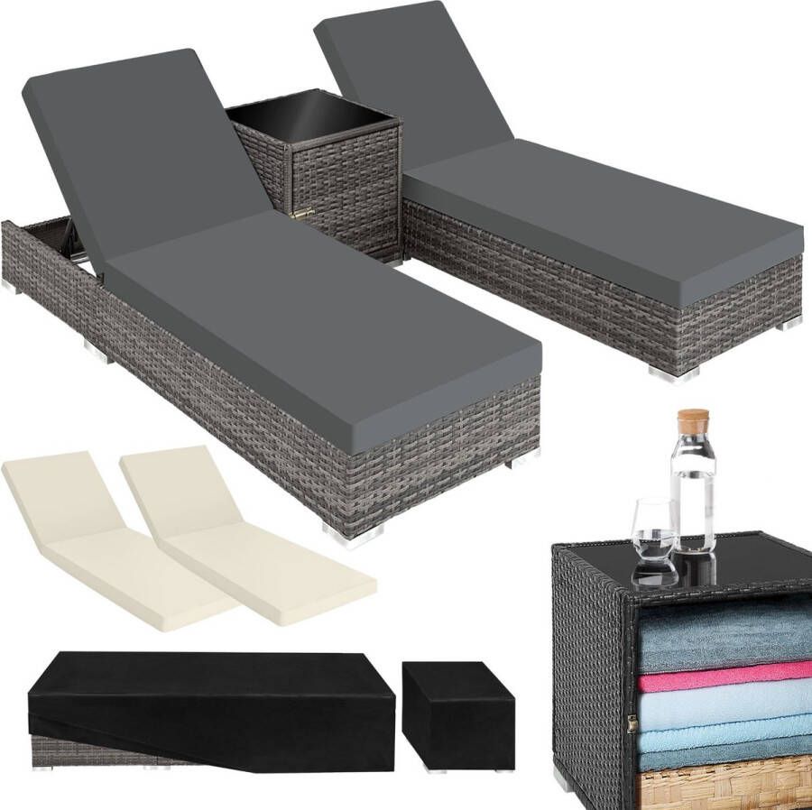 Tectake 2 luxe wicker ligbedden met tafel incl. beschermhoes grijs ligstoelen poly-rattan