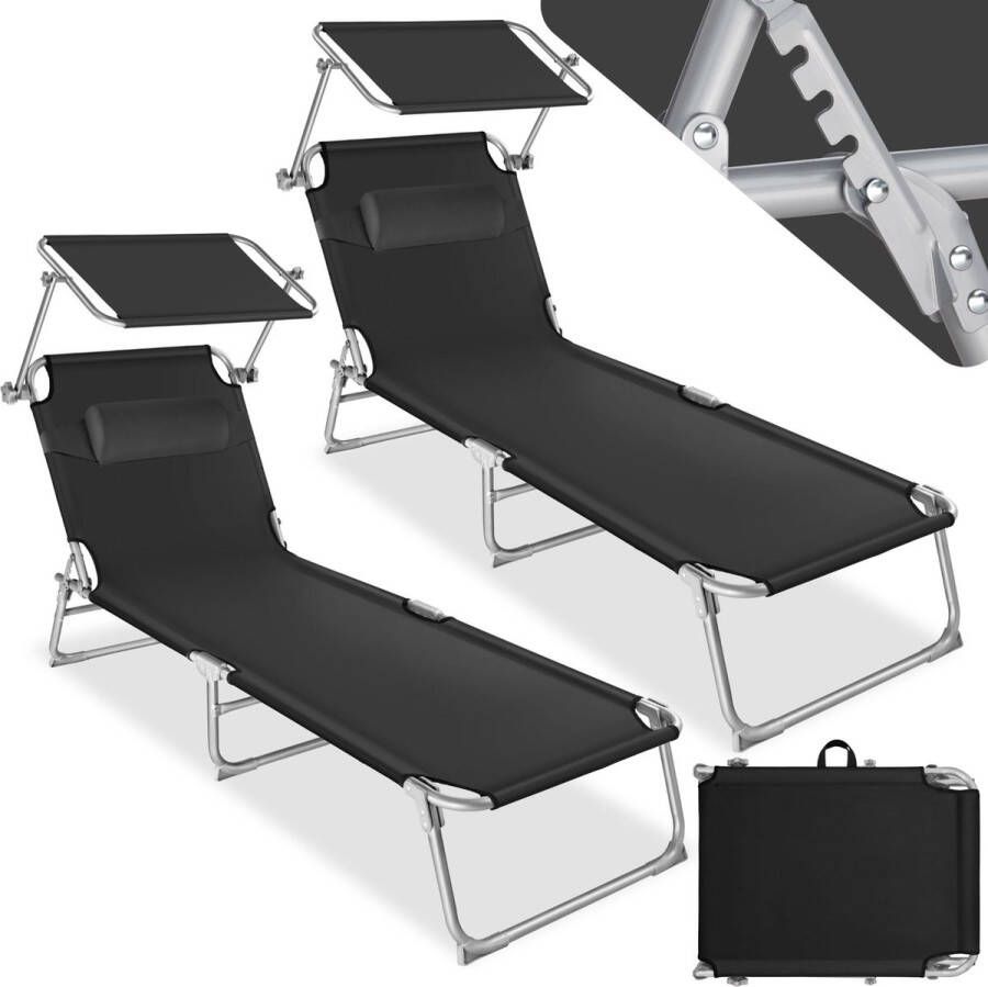 Tectake 2 x ligbed set van 2 zonnebedden 4 standen inklapbaar Met handgreep zwart 68 x 190 x 28 cm