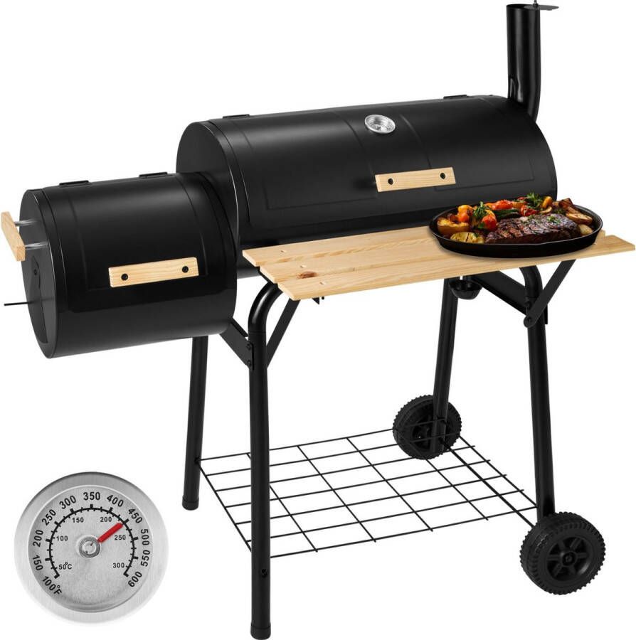 Tectake 3-in-1 buitengrill Rookoven met thermometeraccessoires Houtskoolgrill BBQ-grill Rookoven voor vlees Mobiele barbecuetrolley met luchtregeling