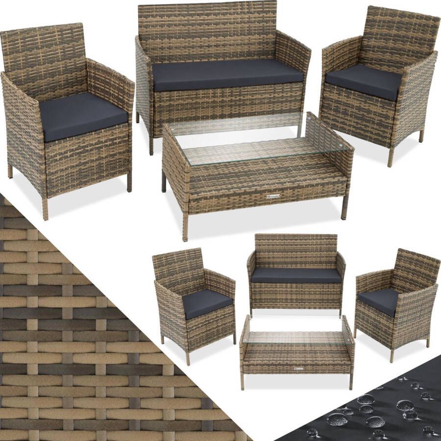 Tectake 4-delige wicker zitgroep lounge tuinmeubelset met bank en tafel met glazen blad buiten-eetgroep voor tuin en balkon vrij te groeperen loungemeubels weerbestendig natuurkleur