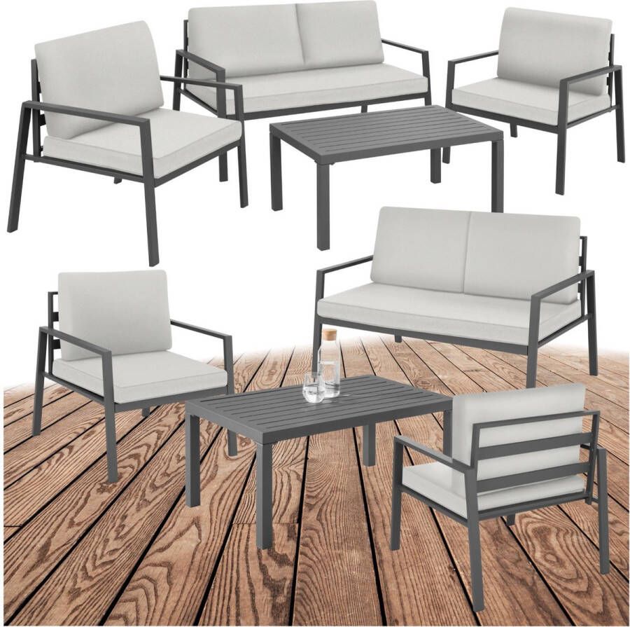 Tectake Aluminium loungeset met 2 fauteuils 1 bank 1 bijzettafel Outdoor Tuinset met kussens Loungemeubelset voor balkon Tuin terrasmeubilair lichtgrijs