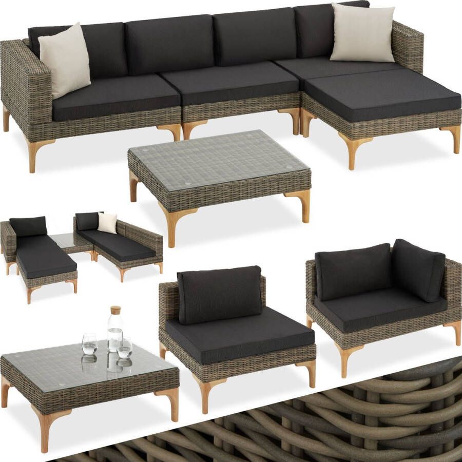 Tectake aluminium wicker lounge tuinmeubelbankset met hoekstoel fauteuil kruk en tafel buitentuinlounge met kussens en 2 sierkussens voor tuin terras balkon natuurkleur poly-rattan