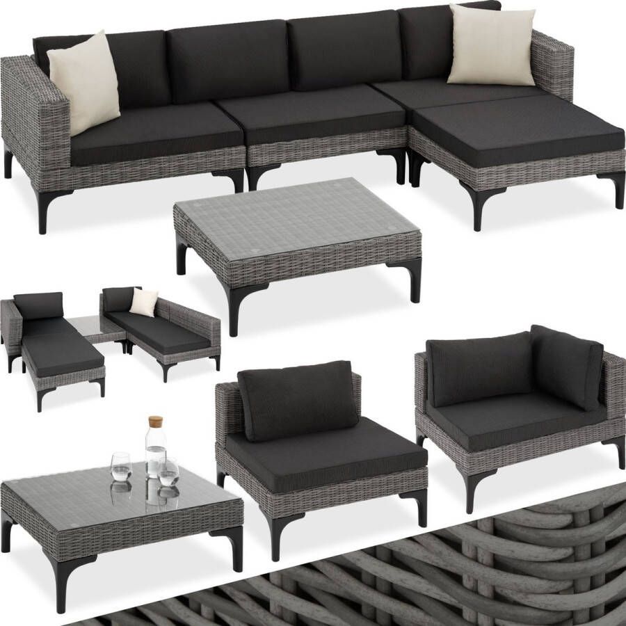 Tectake aluminium wicker lounge tuinmeubelbankset met hoekstoel fauteuil kruk en tafel buitentuinlounge met kussens en 2 sierkussens voor tuin terras balkon grijs poly-rattan