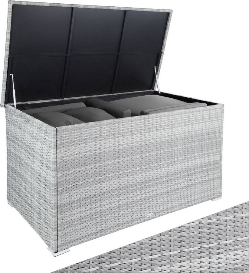 Tectake aluminium wicker opbergbox met deksel 750L tuinbox weerbestendig tuinbox met gasdrukveren tuinbox UV-bestendig roestvrij opbergruimte 145x82 5x79 5 cm Lichtgrijs poly-rattan