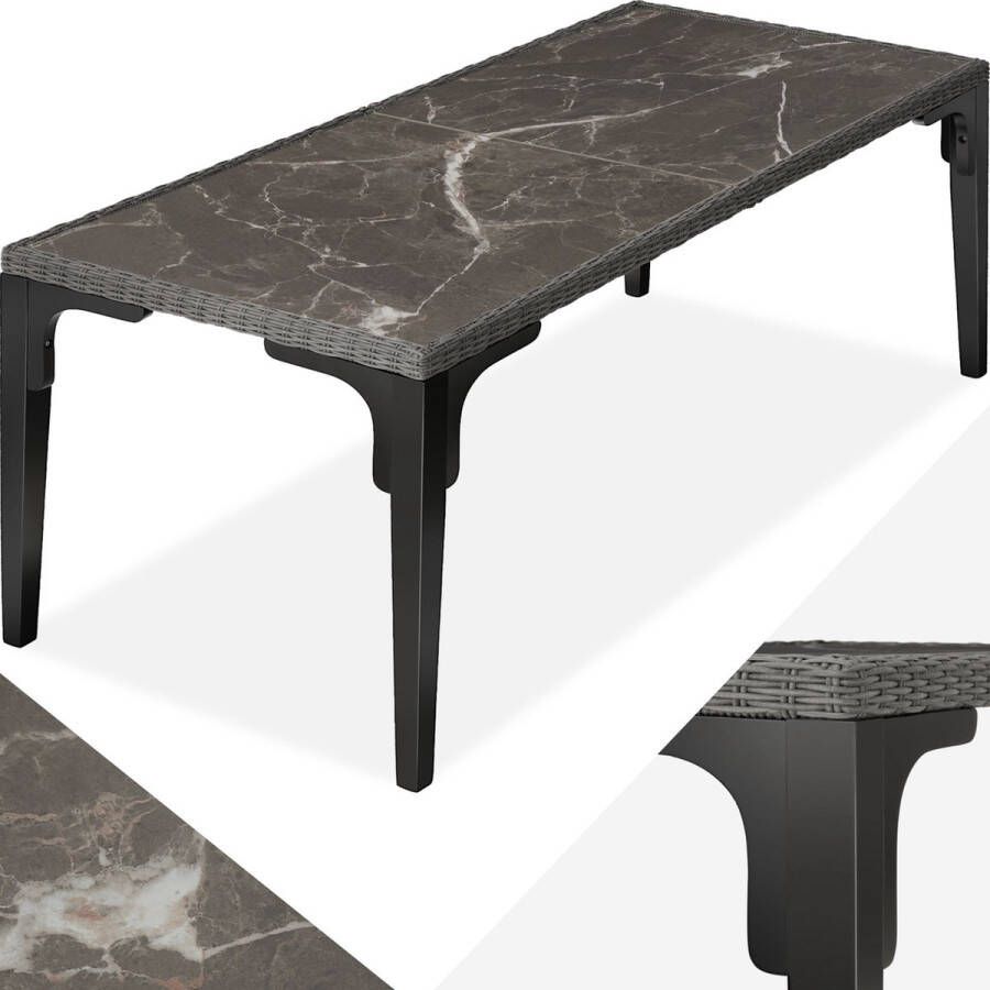 Tectake aluminium wicker tafel eettafel voor buitenkeuken terras woonkamer met tafelblad in marmerlook tuintafel balkontafel 196 x 87 x 76 cm weerbestendig grijs poly-rattan