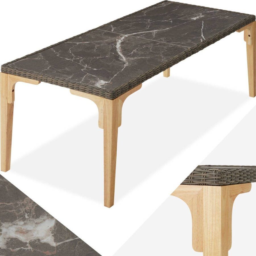 Tectake aluminium wicker tafel eettafel voor buitenkeuken terras woonkamer met tafelblad in marmerlook tuintafel balkontafel 196 x 87 x 76 cm weerbestendig naturel poly-rattan