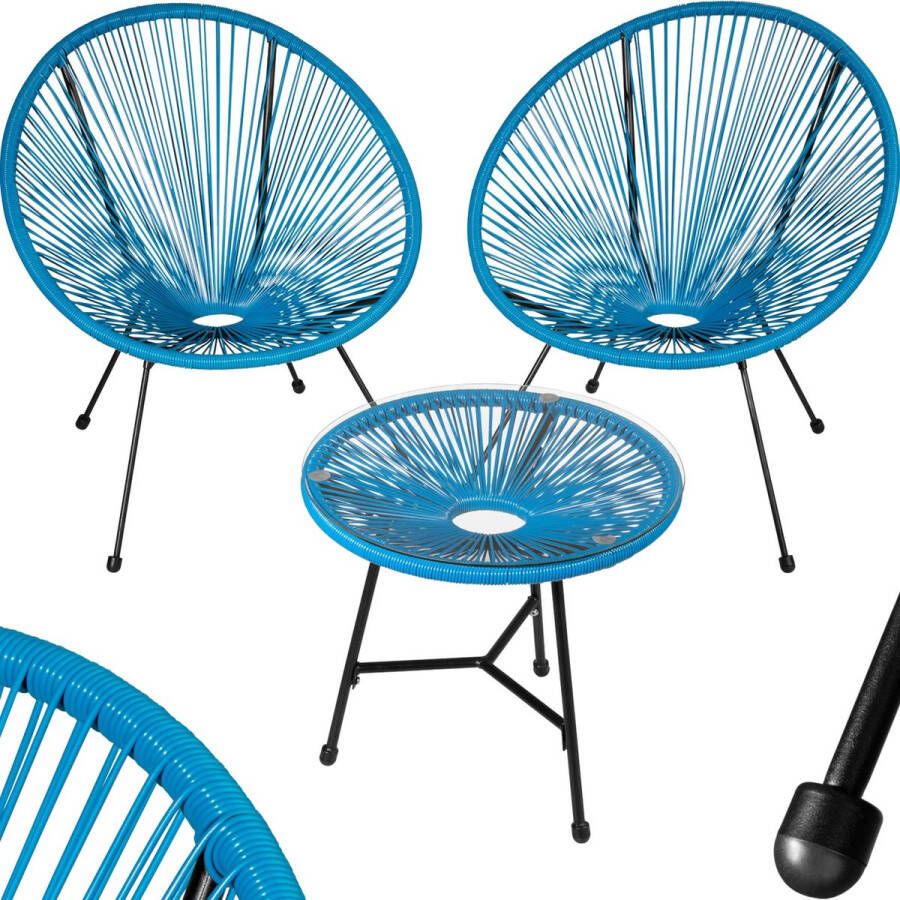 Tectake Balkonset tuinset tuinstoelen Santana Retro-stoelen in Acapulco stijl Set van 2 stoelen + tafel met glazen blad Balkon terras of tuin Blauw