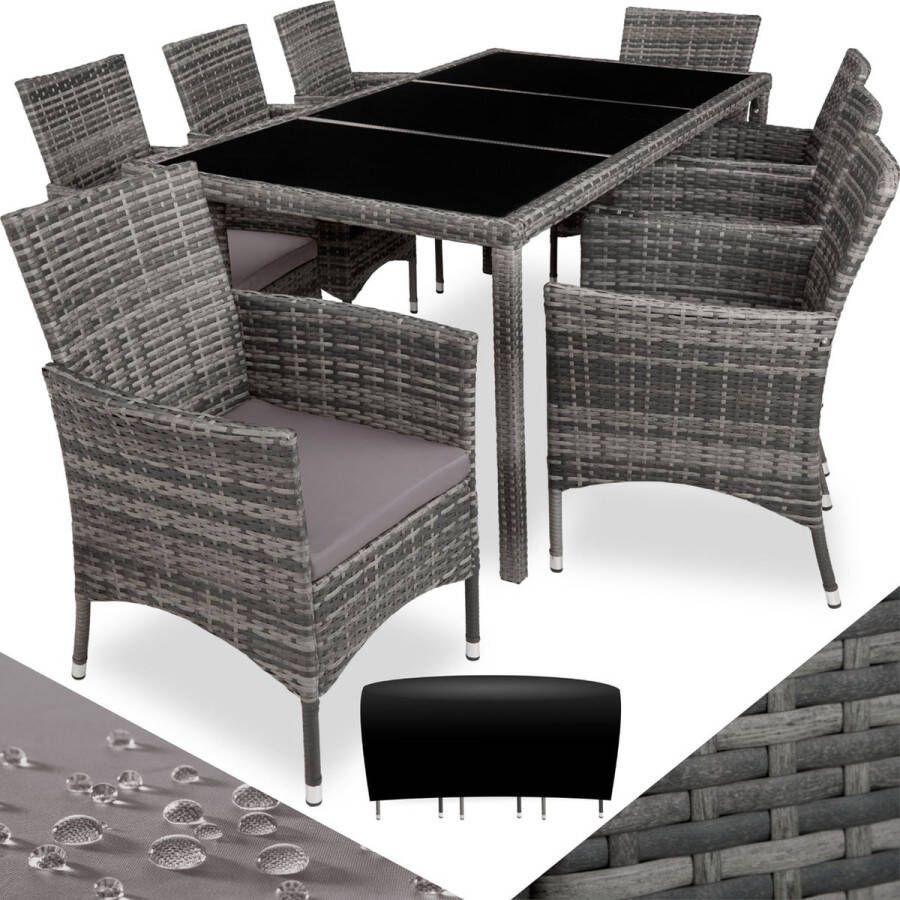 Tectake elegante outdoor tuinmeubelset wicker zitgroep met fauteuil en tafel voor 8 personen inclusief beschermhoes en kussens weerbestendig balkonmeubilair grijs donkergrijs poly-rattan