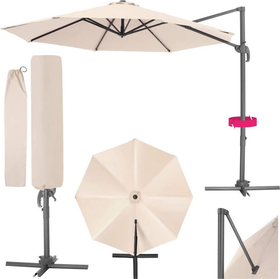 Tectake Grote zweefparasol met beschermhoes Ø 300 cm in hoogte verstelbaar opvouwbaar met voetpedaal en zwengel UV-bescherming 50+ Tuinparasol voor terrasoverkapping of balkon beige