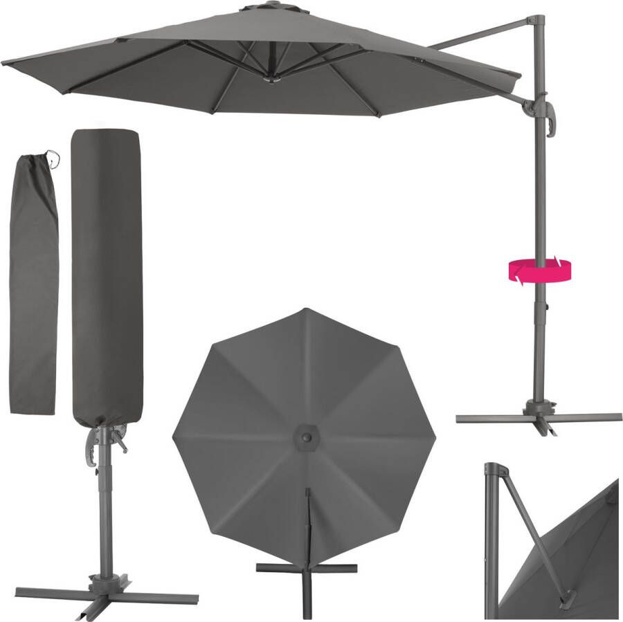 Tectake Grote zweefparasol met beschermhoes Ø 300 cm in hoogte verstelbaar opvouwbaar met voetpedaal en zwengel UV-bescherming 50+ Tuinparasol voor terrasoverkapping of balkon grijs