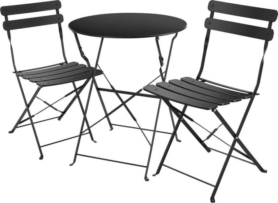 Tectake Inklapbare bistroset voor 2 personen met stalen frame tafel en tuinstoelen Voor balkon en terras Buitenset Tuinset Klaptafel en klapstoelen elegant design zwart
