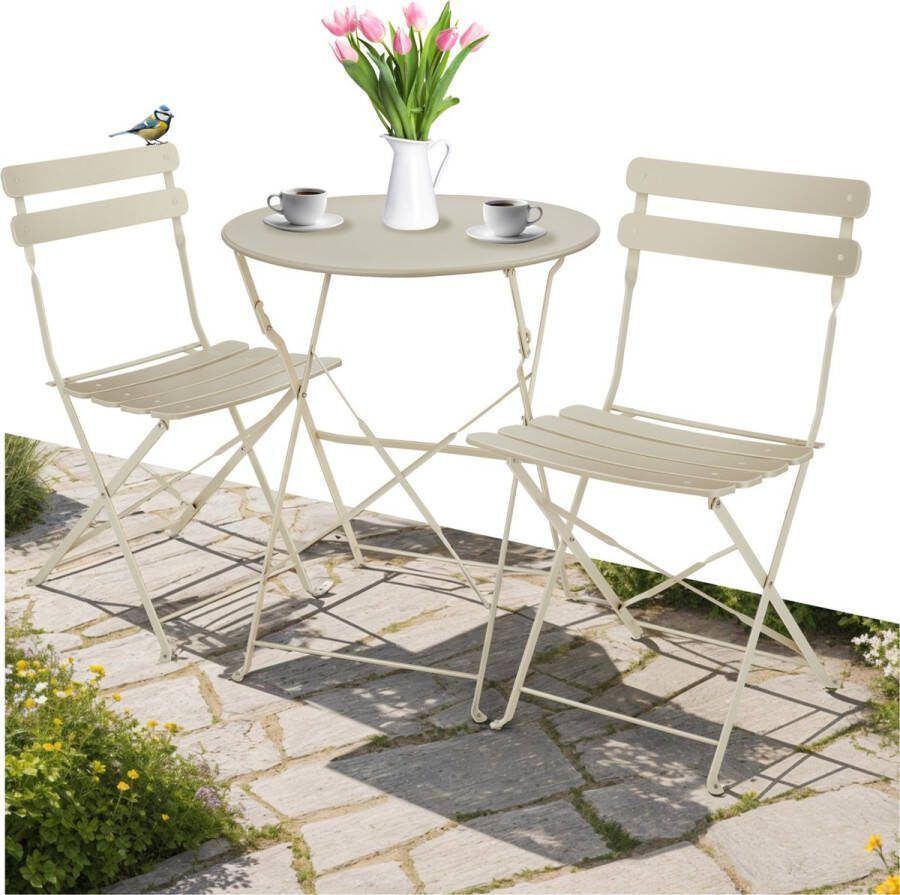 Tectake Inklapbare bistroset voor 2 personen met stalen frame tafel en tuinstoelen Voor balkon en terras Buitenset Tuinset Klaptafel en klapstoelen elegant design creme