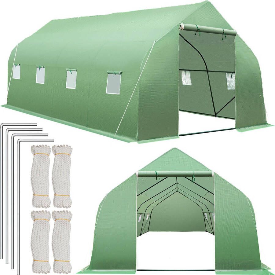 Tectake Kas Foliekas stalen frame kweektent PE broeikasafdekking met ritssluiting 8 gaasramen 18m² plant- en oppotruimte Incl. kasaccessoires groen