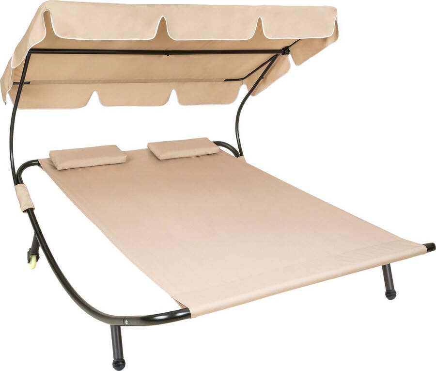 Tectake Ligbed Livorno voor 2 personen Zonnebed Ligstoel Met zonnedak XL-ligbed Met wieltjes en hoofdkussens beige
