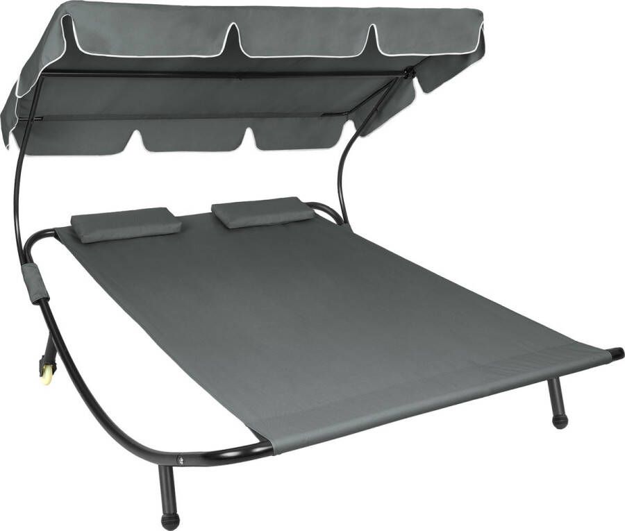 Tectake Ligbed Livorno voor 2 personen Zonnebed Ligstoel Met zonnedak XL-ligbed Met wieltjes en hoofdkussens grijs