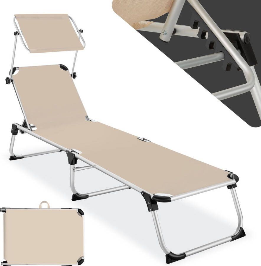 Tectake Ligbed met Dak Balkonligstoel van Aluminium Opklapbare Tuinligstoel Weerbestendig Ligstoel voor Tuin Camping en Strand met Verstelbare Rugleuning en 2 Handgrepen Beige