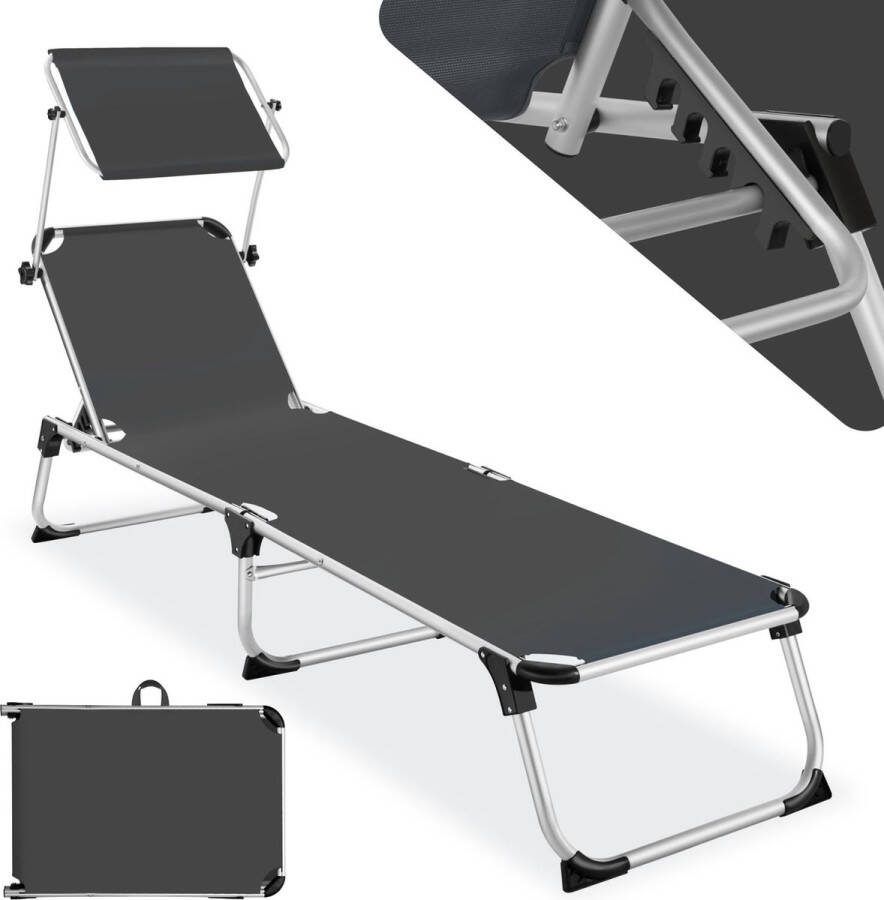 Tectake Ligbed met Dak Balkonligstoel van Aluminium Opklapbare Tuinligstoel Weerbestendig Ligstoel voor Tuin Camping en Strand met Verstelbare Rugleuning en 2 Handgrepen Grijs