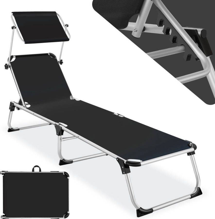 Tectake Ligbed met Dak Balkonligstoel van Aluminium Opklapbare Tuinligstoel Weerbestendig Ligstoel voor Tuin Camping en Strand met Verstelbare Rugleuning en 2 Handgrepen Zwart