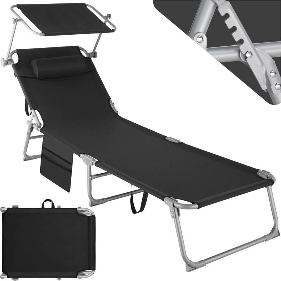 Tectake ligbed Zonnestoel ligstoel 4 standen inklapbaar – zwart 68 x 190 x 28 cm met zijvak