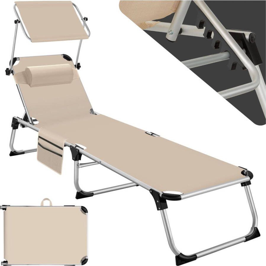 Tectake ligstoel ligbed zonnebed aluminium beige met kussen en zijvak