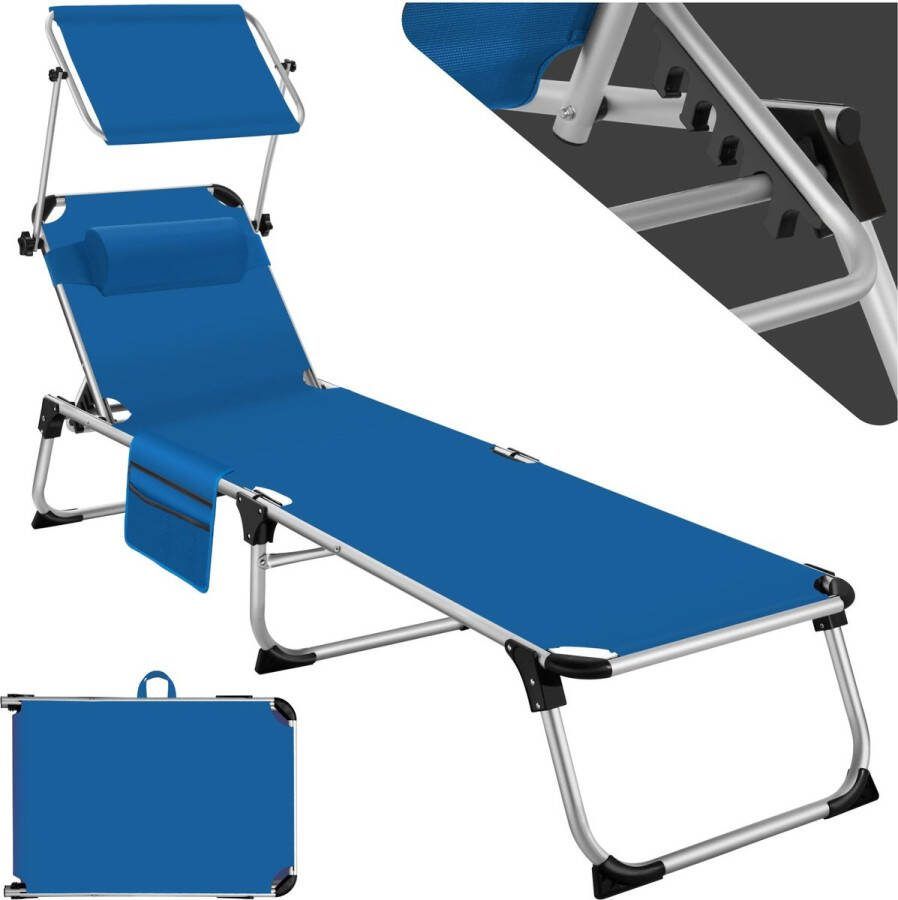 Tectake ligstoel ligbed zonnebed aluminium blauw met kussen en zijvak