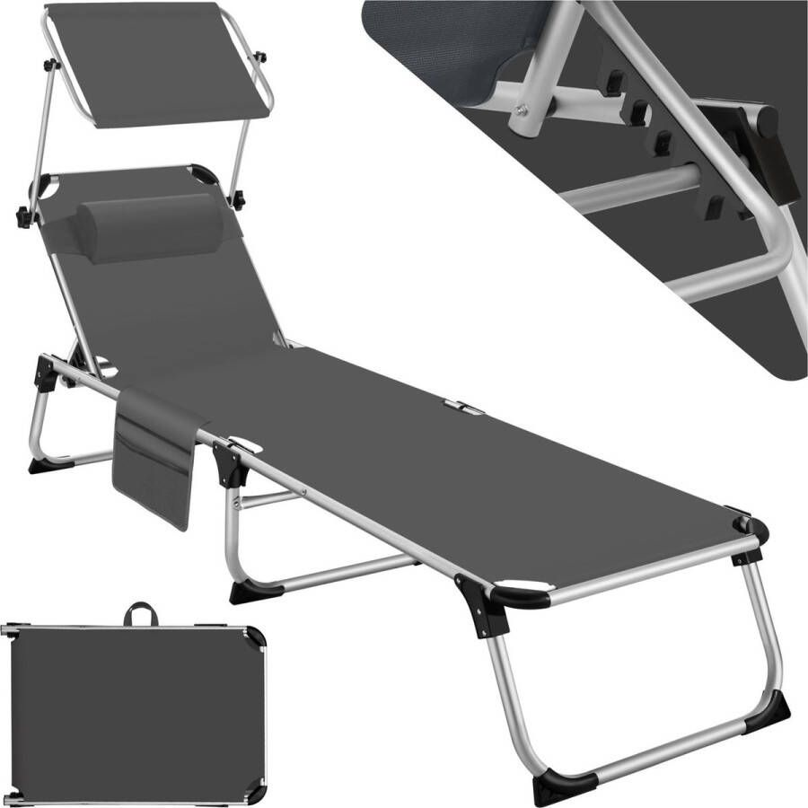 Tectake ligstoel ligbed zonnebed aluminium donkergrijs met kussen en zijvak