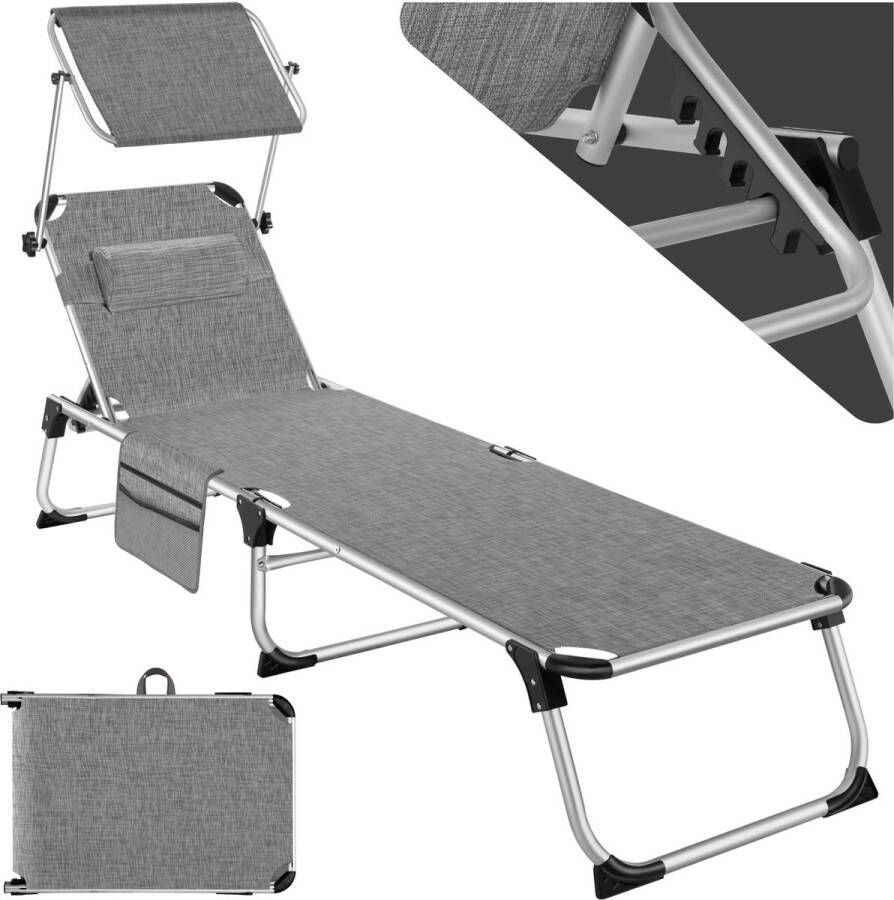 Tectake ligstoel ligbed zonnebed aluminium grijs met kussen en zijvak