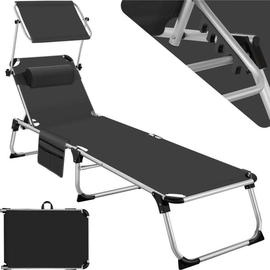 Tectake ligstoel ligbed zonnebed aluminium zwart met kussen en zijvak
