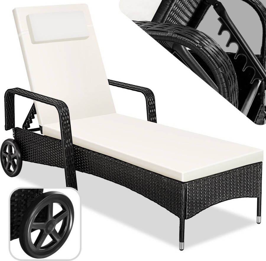 Tectake Wicker ligbed met compact rubberen wielen en armleuningen Rugleuning verstelbaar in 6 standen Incl. lig- en hoofdkussen Weerbestendig zonnebed zwart