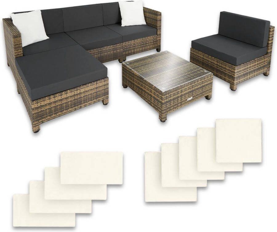 Tectake Tuinmeubelset Wicker loungeset Balkonmeubelset Kussens 10 cm hoogte Voor tuin en balkon 2 fauteuils 2 hoekstoelen 1 tafel 1 hocker Incl. 2 sets kussenhoezen naturel