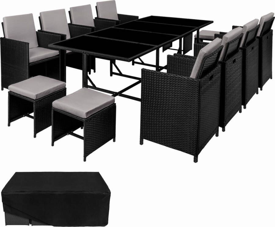 Tectake wicker tuinloungeset poly rotan tuinmeubelset 8+4+1 zitgedeelte 8 stoelen 4 krukken 1 tafel inclusief beschermhoes voor tuin balkon terras zwart grijs poly-rattan