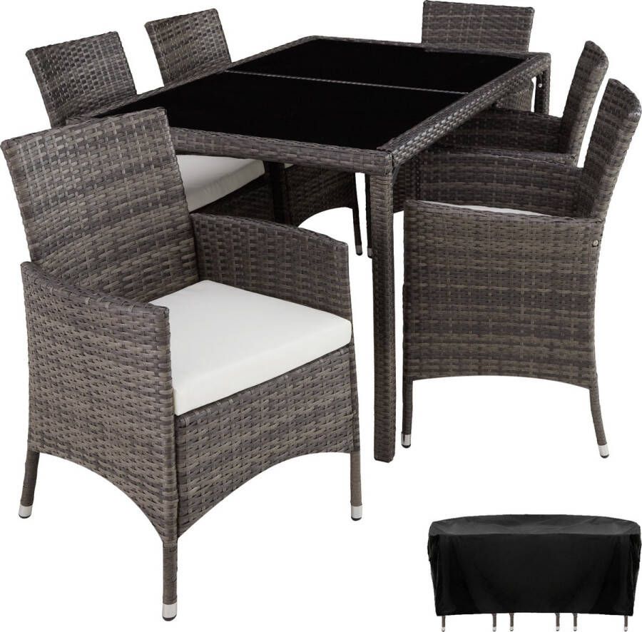 Tectake wicker zitgroep voor 6 personen balkonmeubel tuinmeubelset met tafel en 6 stoelen eetgroep voor tuin terras en balkon inclusief zitkussen en beschermhoes grijs poly-rattan