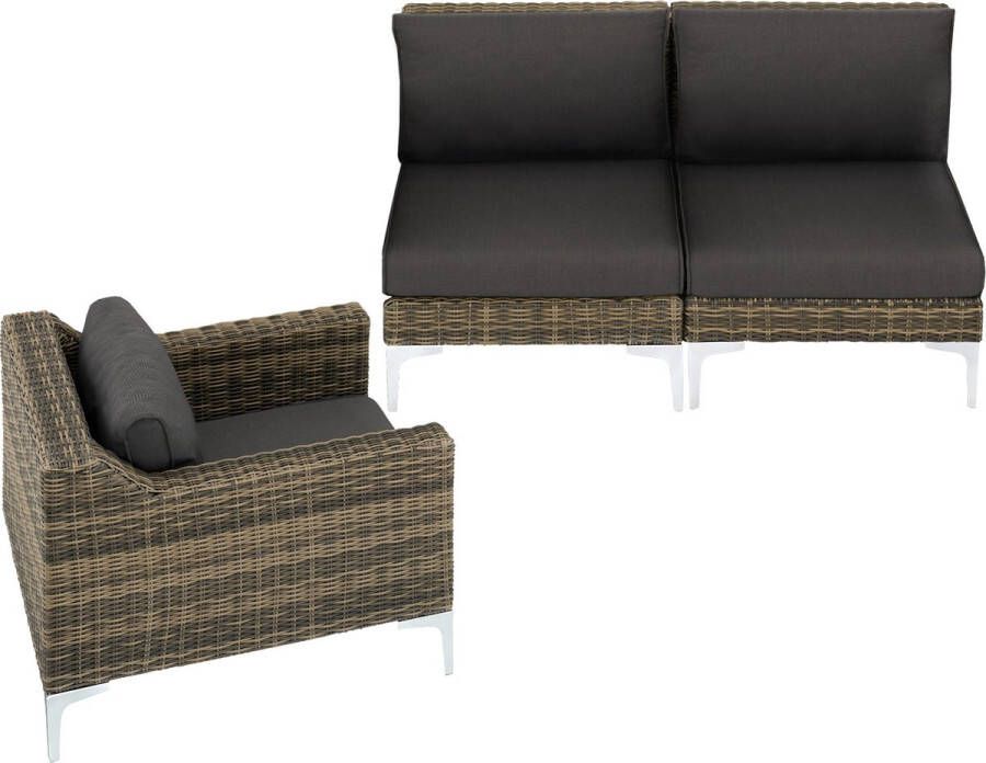 Tectake Wicker Aluminium Loungeset Tuinset met 2 x middendeel + fauteuil Modulaire Tuinmeubelset Uitbreidbaar Weerbestendig Rotan Bank Inclusief Zit- en Rugkussens Antraciet Gevlekt