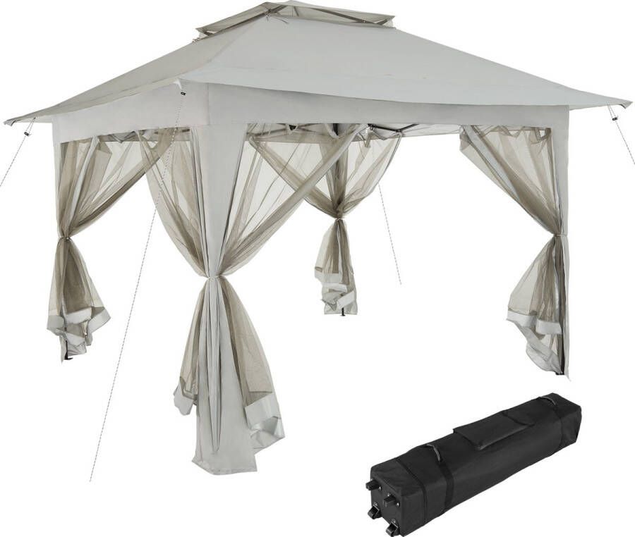 Tectake Vouwpaviljoen met Waterafstotend Dubbel Dak met UV-bescherming 364 x 364 x 294 cm Tuinpaviljoen met 4 Klamboe Zijpanelen Opvouwbaar Inclusief Transporttas div kleuren (lichtgrijs)