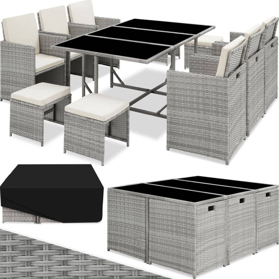 Tectake outdoor balkon tuinmeubelset lounge met 6 stoelen 4 krukken 1 tafel en beschermhoes wicker vlechtwerk weerbestendig ruimtebesparend lichtgrijs poly-rattan