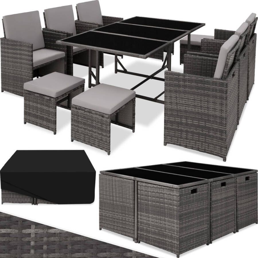 Tectake outdoor balkon tuinmeubelset lounge met 6 stoelen 4 krukken 1 tafel en beschermhoes wicker vlechtwerk weerbestendig ruimtebesparend grijs