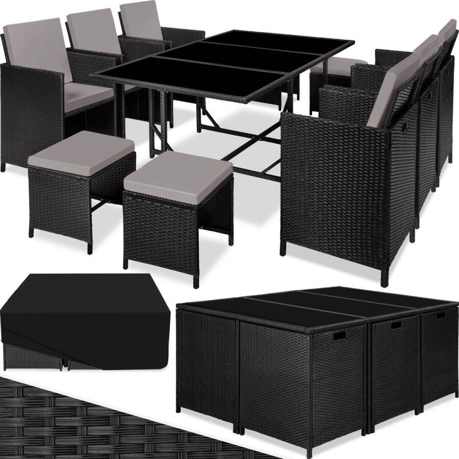 Tectake outdoor balkon tuinmeubelset lounge met 6 stoelen 4 krukken 1 tafel en beschermhoes wicker vlechtwerk weerbestendig ruimtebesparend zwart grijs poly-rattan