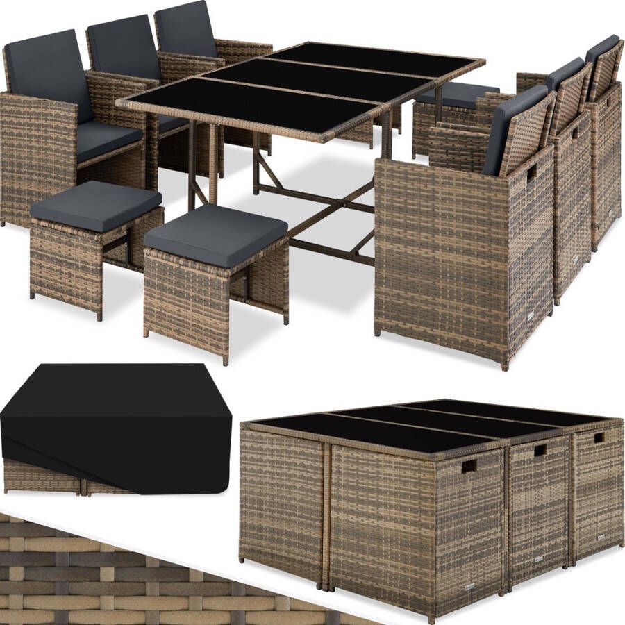 Tectake outdoor balkon tuinmeubelset lounge met 6 stoelen 4 krukken 1 tafel en beschermhoes wicker vlechtwerk weerbestendig ruimtebesparend natuur