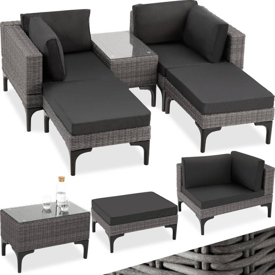 Tectake Outdoor wicker loungeset 5-delige tuinmeubelbankset vrij combineerbaar met hoekstoel kruk tafel tuinlounge inclusief zit- en rugkussens grijs poly-rattan