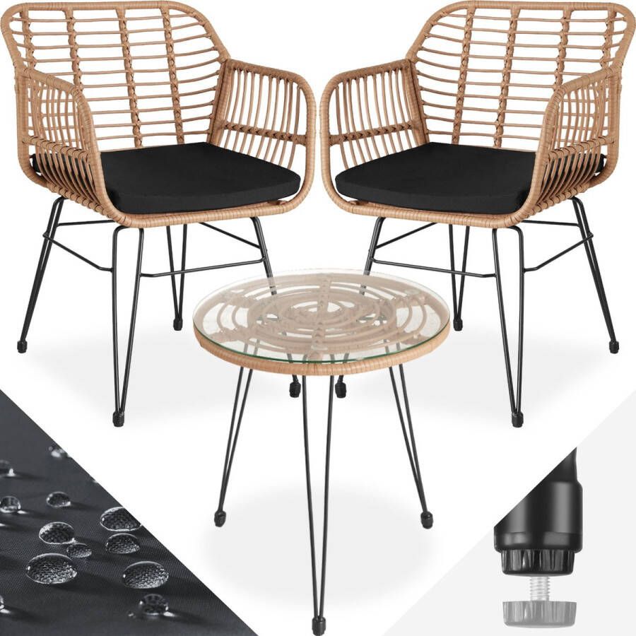 Tectake Outdoor Wicker Zitgroep Meubel voor 2 Personen 3-delig Bistroset Balkonmeubel Tuinmeubelset met 2 Stoelen + Tafel Kleine Weerbestendige Lounge voor Tuin Balkon Terras Naturel