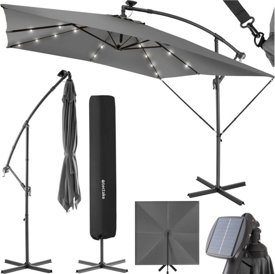 Tectake Parasol 250cm met Solar Led Verlichting Parasols Zweefparasol Zonneenergie Incl. zonnepaneel Tuinverlichting grijs