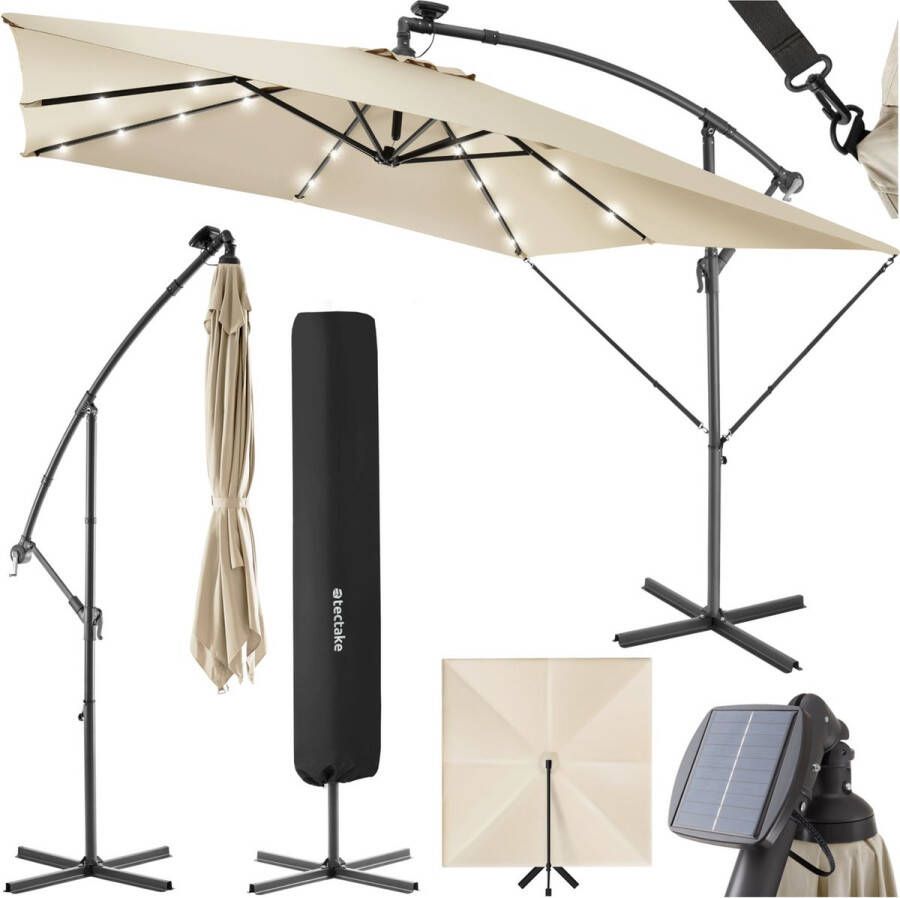 Tectake Parasol 250cm met Solar Led Verlichting Parasols Zweefparasol Zonneenergie Incl. zonnepaneel Tuinverlichting beige