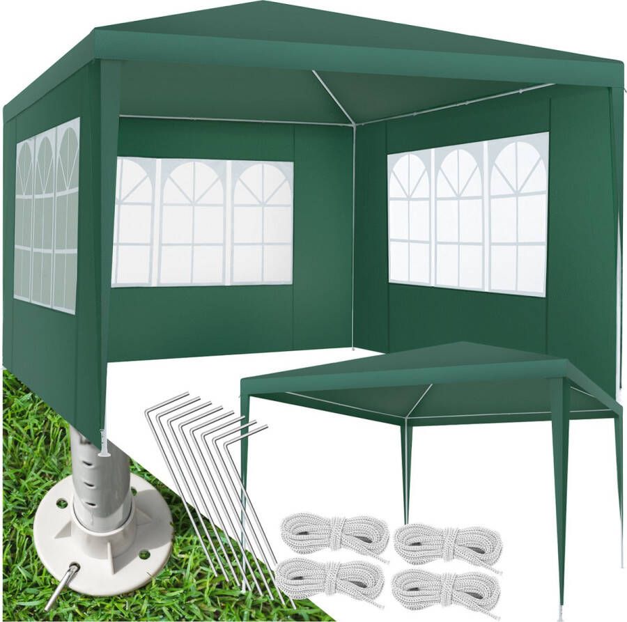 Tectake Paviljoen 3x3m Tent groot waterdicht voor tuin en camping Tuinpaviljoen partytent evenemententent partytent 3 zijwanden met ramen Incl. haringen groen