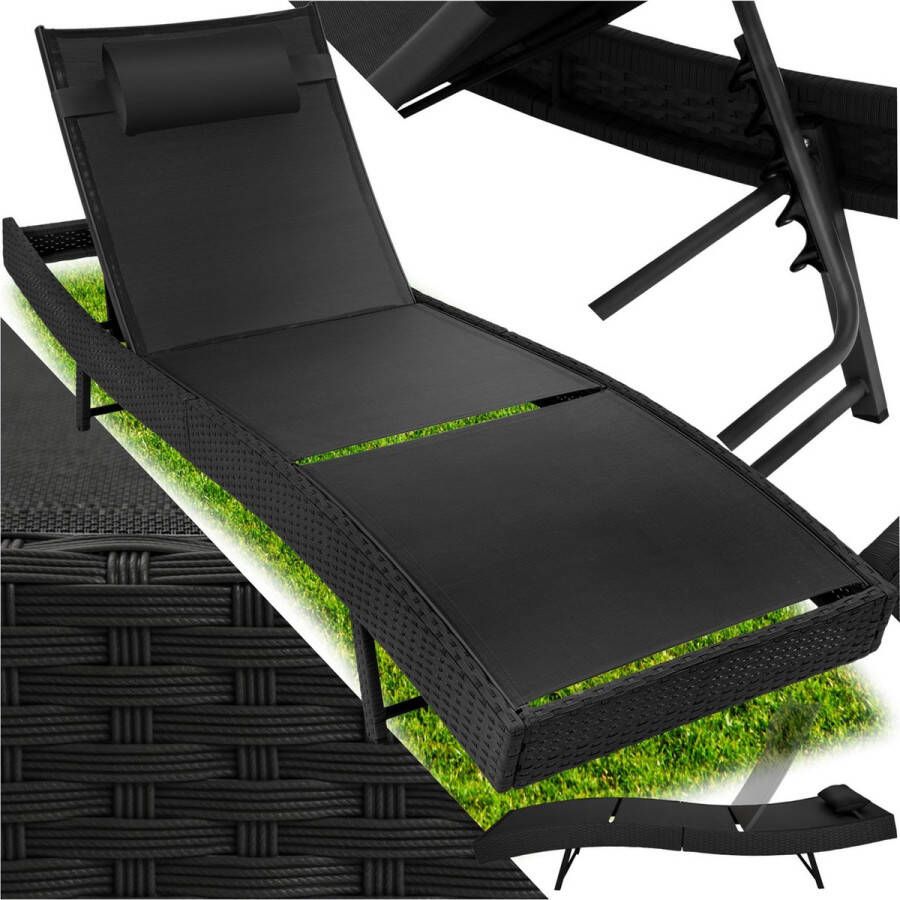 Tectake Polyrotan zonnebed met 6-voudig verstelbare rugleuning ligstoel met afneembaar hoofdkussen outdoor ligstoel uv-bestendig relaxstoel voor tuin terras en balkon (zwart)