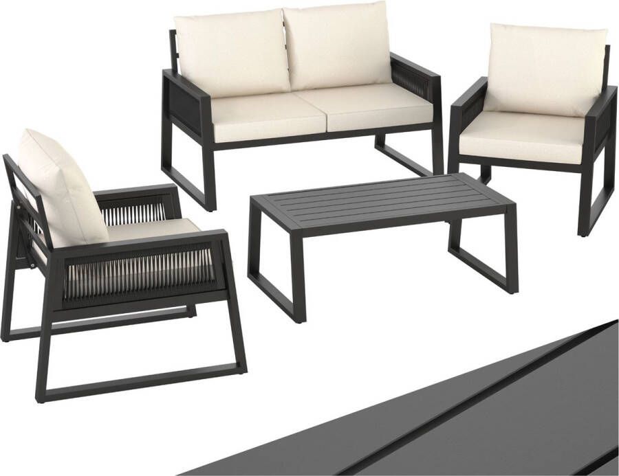 Tectake Rope design loungeset meubelset voor tuin of balkon zitgroep buiten terrasmeubilair met 2x fauteuils 1x bank 1x tafel in houtlook inclusief kussens weerbestendig