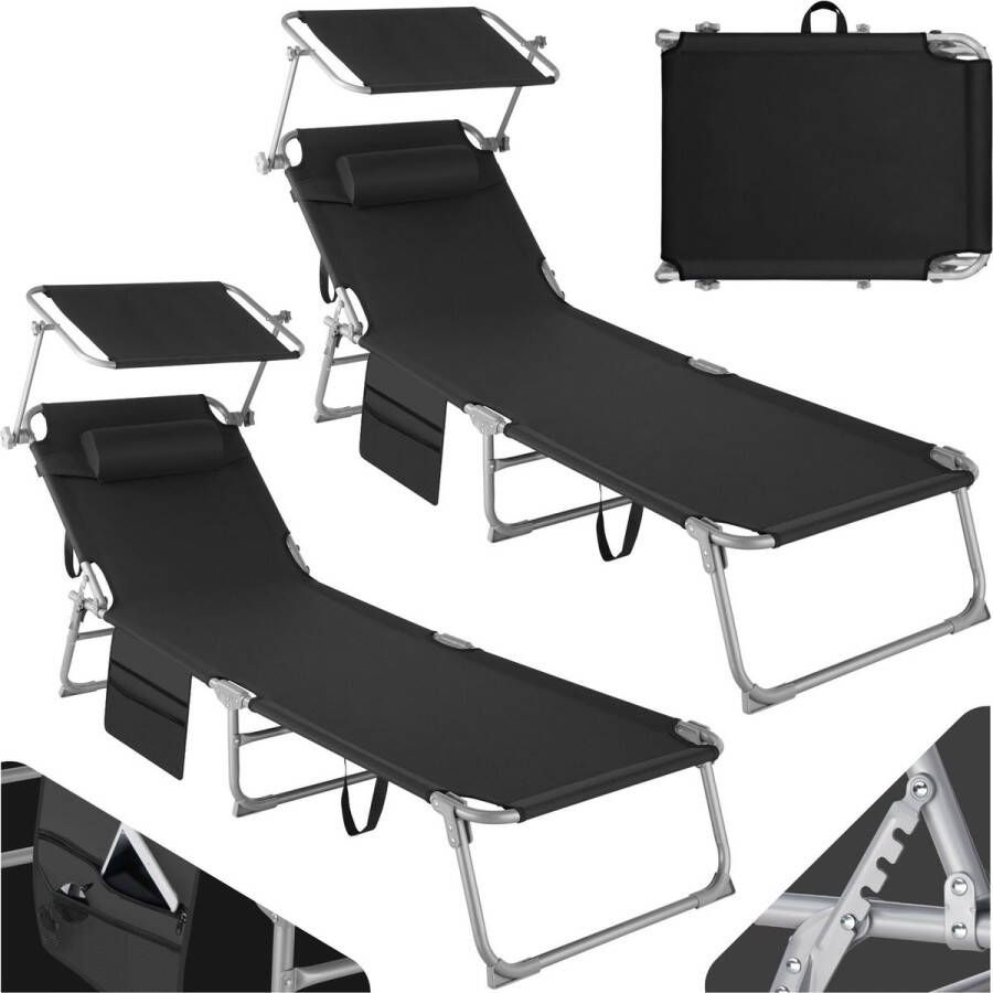 Tectake Set van 2 ligbedden ligstoelen 4 standen inklapbaar -zwart 68 x 190 x 28 cm met zijvak